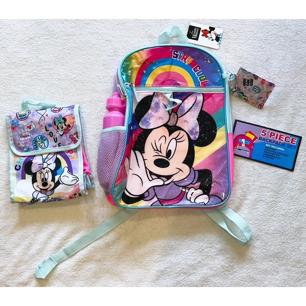 NWT Minnie Mouse 16" Backpack Lunch Tote ID Tag Clip and Water Bottle 5 Pc Set